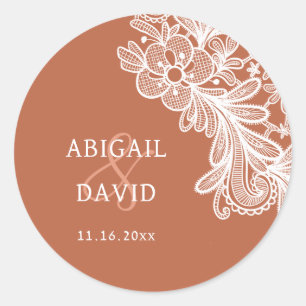 White Lace on Terracotta Wedding Classic Round Sticker