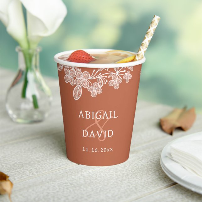 White Lace on Terracotta Wedding Paper Cups (Insitu)