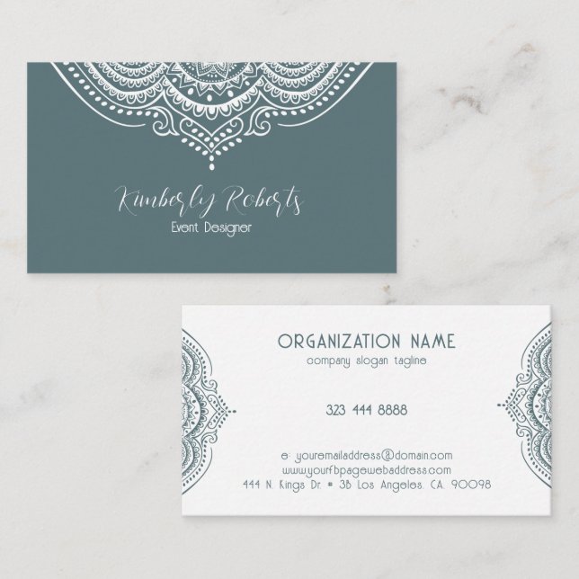 White Lace Paisley Mandala on Blue-grey Business Card (Front/Back)