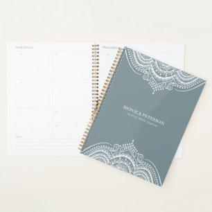 White Lace Paisley Mandala On Blue-Grey Planner