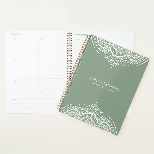 White Lace Paisley Mandala On Sagr Green Planner (Display)