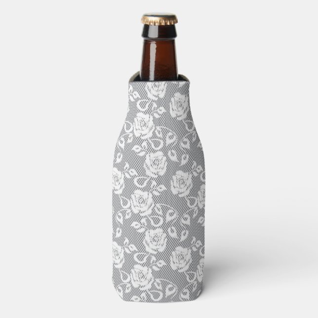 White lace pattern on grey background bottle cooler (Bottle Front)