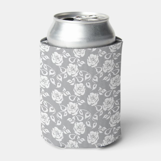 White lace pattern on grey background can cooler (Can Front)