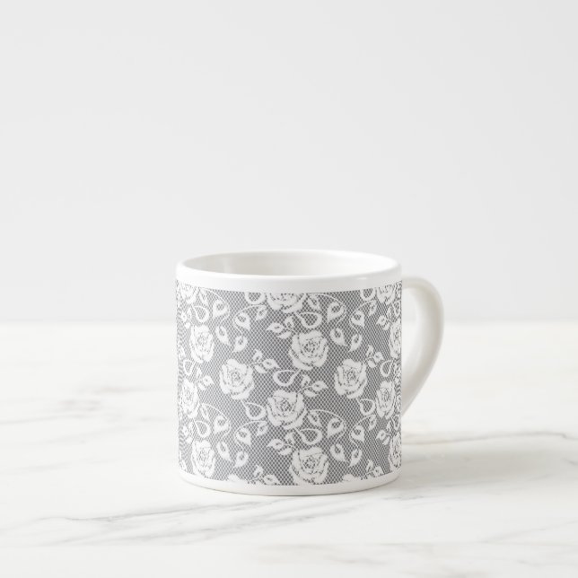 White lace pattern on grey background espresso cup (Front Right)