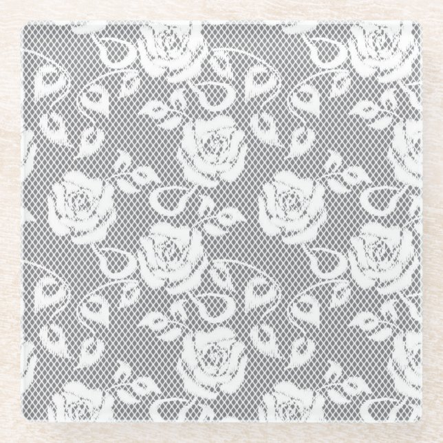 White lace pattern on grey background glass coaster (Front)