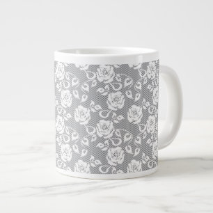 White lace pattern on grey background large coffee mug
