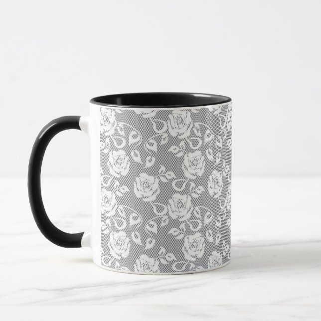 White lace pattern on grey background mug (Left)