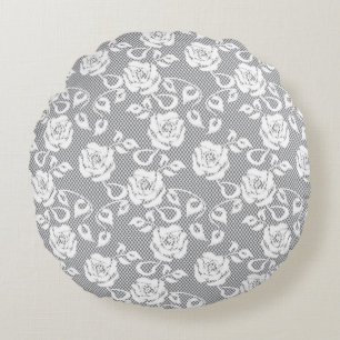 White lace pattern on grey background round cushion