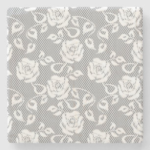 White lace pattern on grey background stone coaster