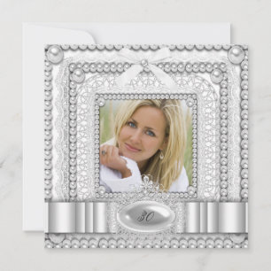 White Lace Pearl Photo Birthday Party Invitation