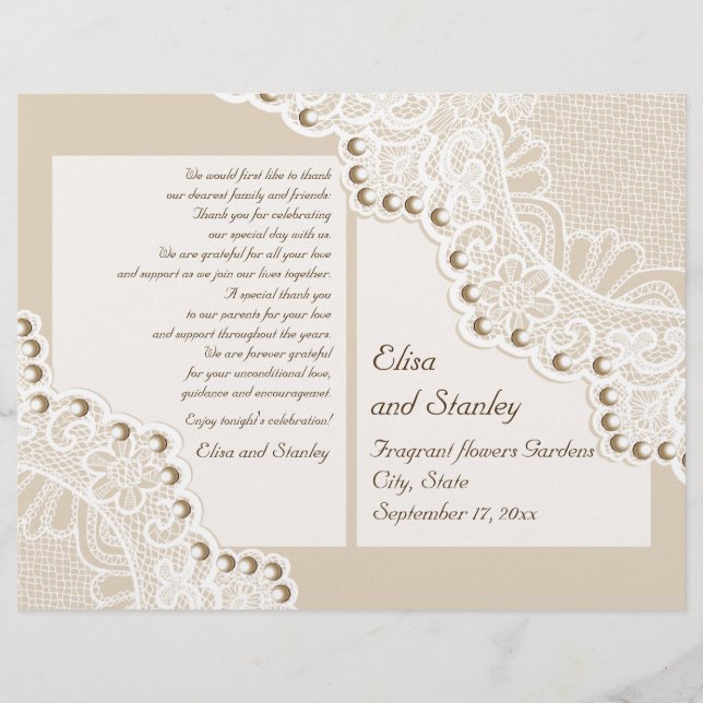 White lace & pearls beige folded wedding program (Front)