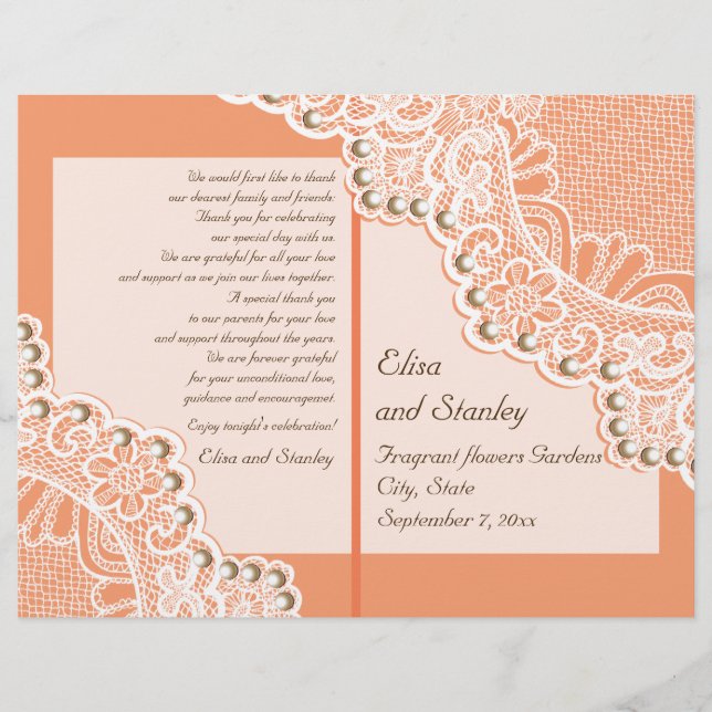 White lace & pearls coral orange wedding program (Front)