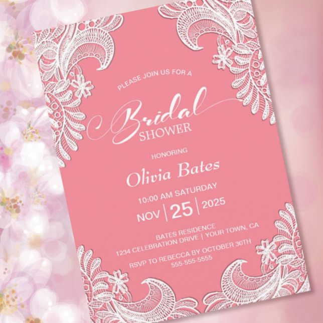 White Lace Pink Bridal Shower Invitation (Creator Uploaded)