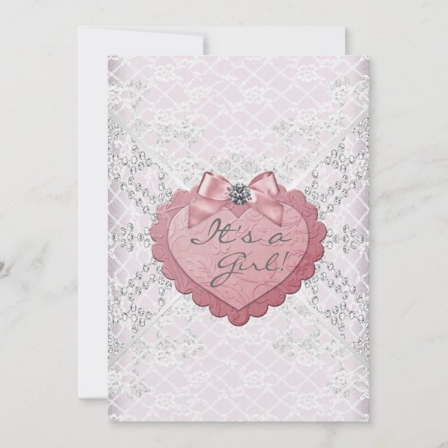 White Lace Pink Heart Pink White Baby Girl Shower Invitation (Front)
