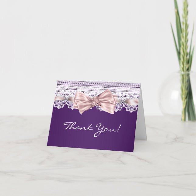 White Lace Pink Purple Thank You Cards (Front)