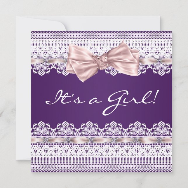 White Lace Pink Ribbon Girl Purple Baby Shower Invitation (Front)
