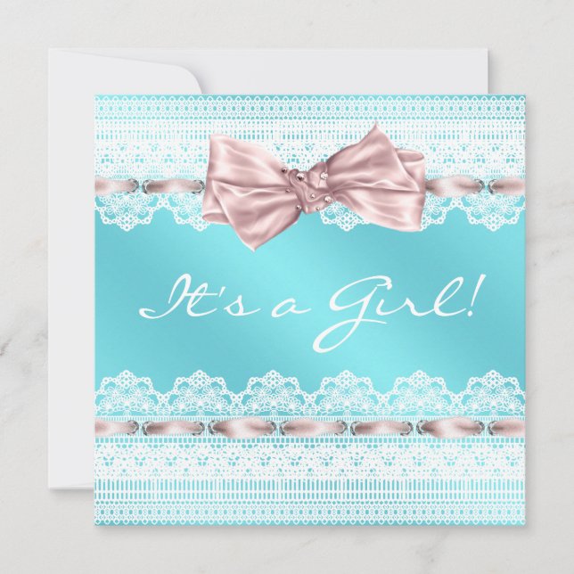 White Lace Pink Ribbon Teal Blue Baby Shower Invitation (Front)
