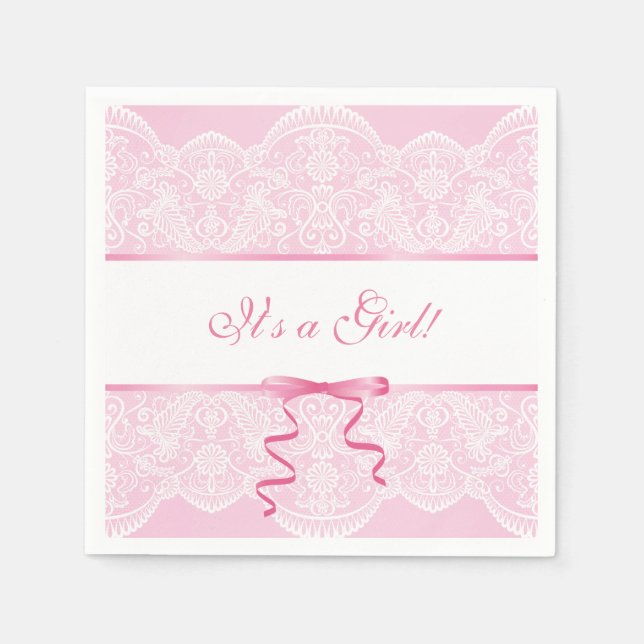 White Lace Pink Satin Girl Baby Shower Party Napki Napkin (Front)