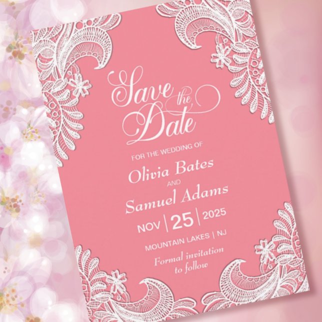 White Lace Pink Wedding Save The Date (Creator Uploaded)
