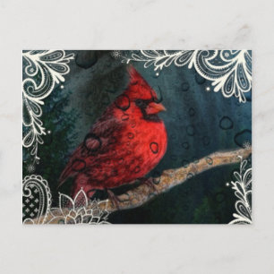 White lace Primitive Christmas Red Cardinal Holiday Postcard