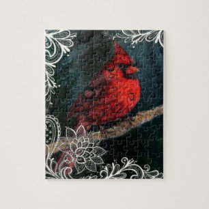 White lace Primitive Christmas Red Cardinal Jigsaw Puzzle