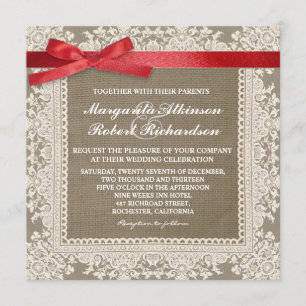White lace red bow & burlap wedding invitations
