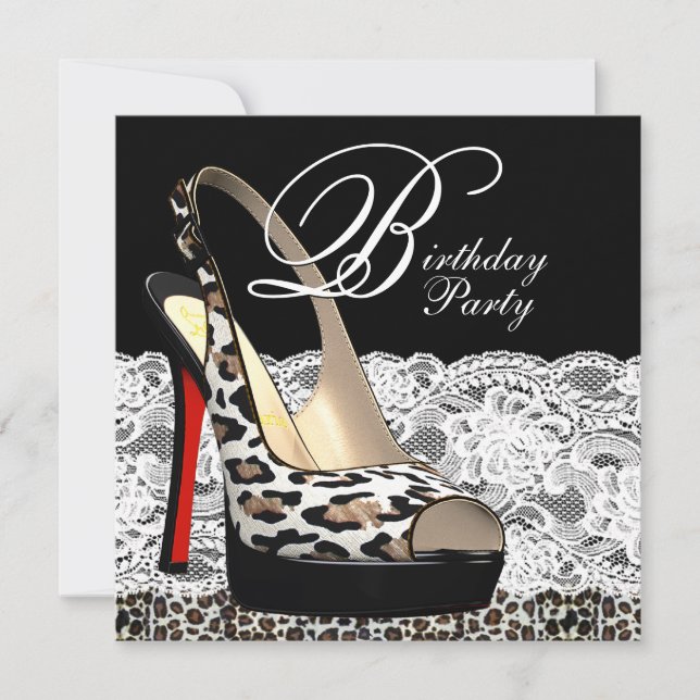 White Lace Red Leopard Birthday Party Invitations (Front)