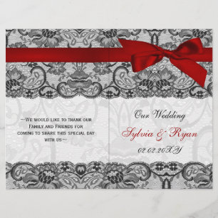 white lace,red ribbon book fold Wedding program