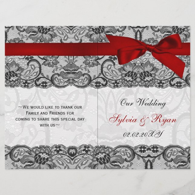 white lace,red ribbon book fold Wedding program (Front)