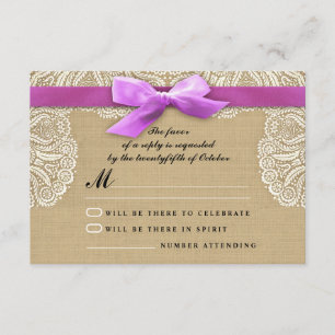White lace ribbon and burlap wedding RSVP cards