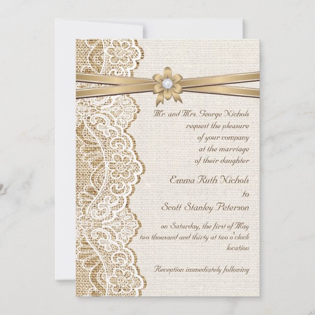 White lace, ribbon, flower & burlap wedding invitation (Front)