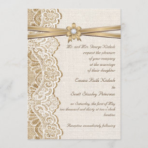 White lace, ribbon, flower & burlap wedding invitation