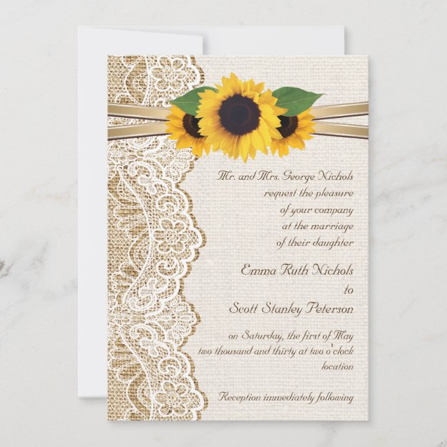 White lace, ribbon & sunflowers on burlap wedding invitation (Front)