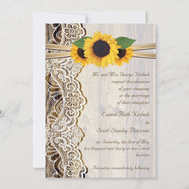 White lace, ribbon & sunflowers on wood wedding invitation (Front)
