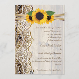 White lace, ribbon & sunflowers on wood wedding invitation