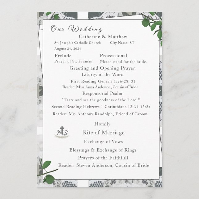 White Lace & Rose Leaves Nuptial Mass Programme (Front)