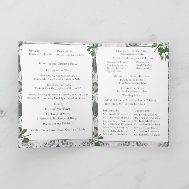 White Lace & Rose Leaves Nuptial Mass with Photo  Programme (Inside)
