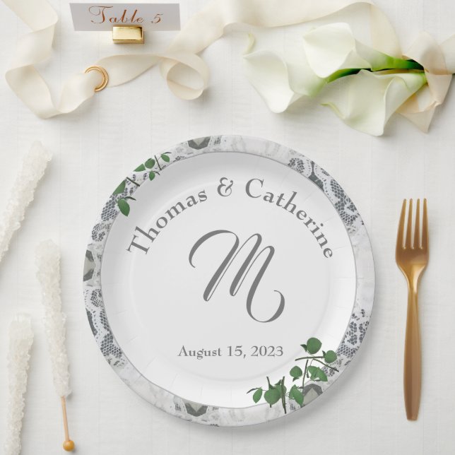 White Lace & Rose Leaves Paper Plate (Wedding)