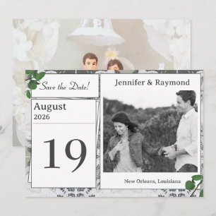 White Lace & Rose Leaves Save The Date Card
