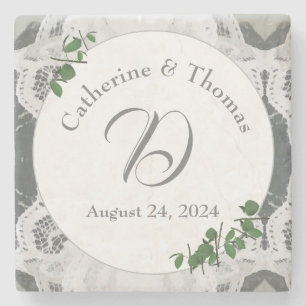 White Lace & Rose Leaves Stone Coaster