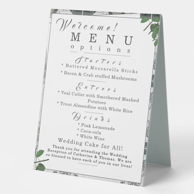 White Lace & Rose Leaves Table # and Menu (Front)
