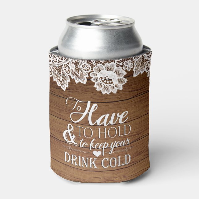 White Lace Rustic Barn Wood Monogram Wedding Drink Can Cooler (Can Front)