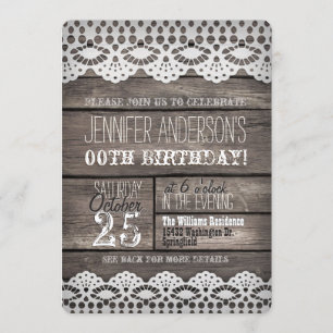 White Lace, Rustic Brown Wood Adult Teen Birthday Invitation