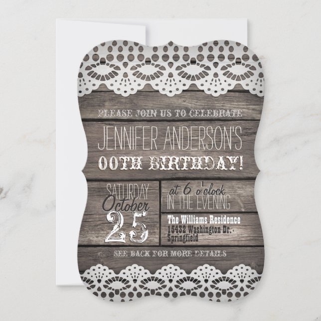 White Lace & Rustic Brown Wood Adult Teen Birthday Invitation (Front)