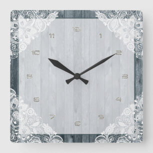 White Lace & Rustic Weathered Faux Wood Square Wall Clock