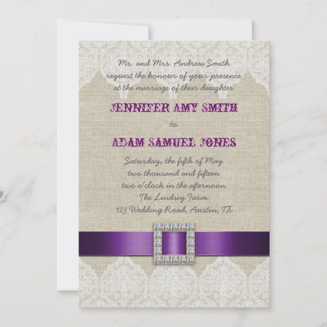 White Lace Rustic Wedding | Purple Ribbon Linen Invitation (Front)