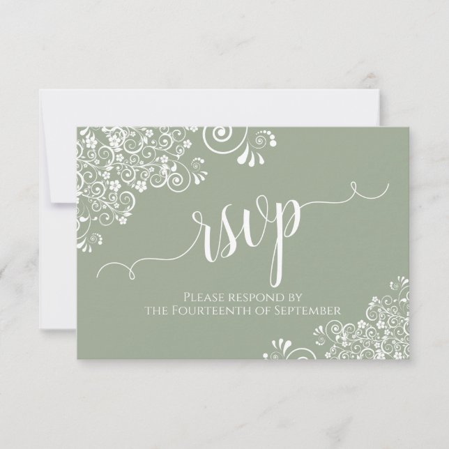 White Lace Sage Green Elegant Calligraphy Wedding RSVP Card (Front)
