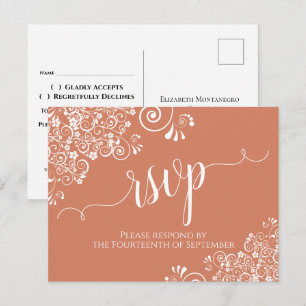 White Lace Script on Terracotta Coral Wedding RSVP Postcard