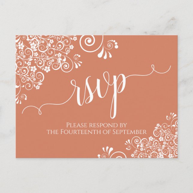 White Lace Script on Terracotta Coral Wedding RSVP Postcard (Front)
