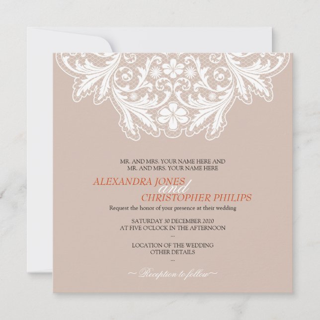 White Lace Simple Elegant Text Wedding Orange Invitation (Front)